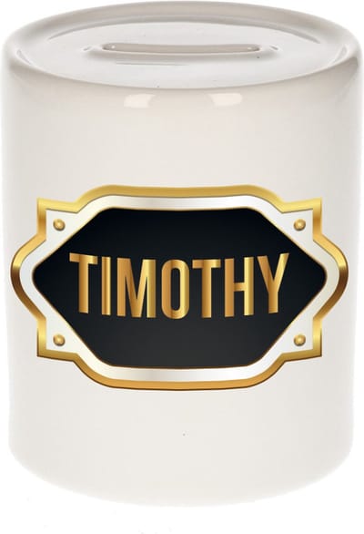 Spaarpot met voornaam Timothy - wit - met goud/zwart embleem - 8 x 9 cm - keramiek - met afsluitdop - cadeau verjaardag