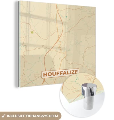 MuchoWow® Glasschilderij 90x90 cm - Schilderij acrylglas - Houffalize - Plattegrond- Vintage - Stadskaart - Kaart - Foto op glas - Schilderijen