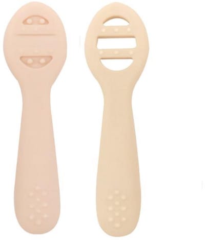 Baby Eerste Eetfase Lepel Set – Roze Beige - 2 stuks – Zelfstandig Eten – BPA-vrij Siliconen Lepels (Open & Gesloten Design)