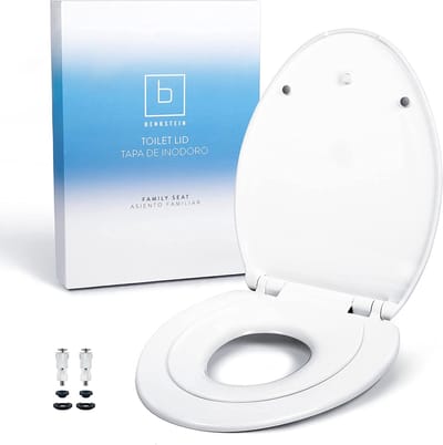 Benkstein® Premium toiletdeksel antibacterieel D-vorm witte toiletdeksel met snelsluiting en soft close soft-close toiletbril duroplast RVS toiletbril D-vorm 36 x 42,5 cm