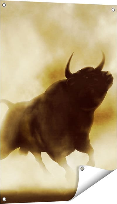 Gards Tuinposter Zwarte Stier in het Stoffige Rook - 60x90 cm - Tuindoek - Tuindecoratie - Wanddecoratie buiten - Tuinschilderij