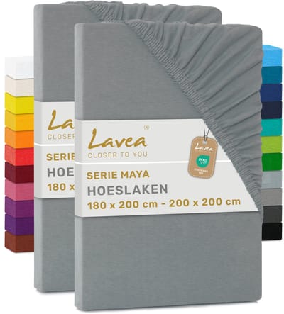 Lavea® Set van 2 Hoeslakens 180x200 cm – 100% Zacht en Ademend Katoen – voor Dikke Matrassen tot 20 cm – Jersey met Elastiek rondom – Middengrijs