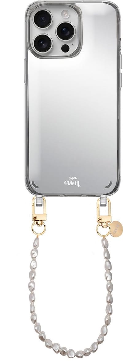 xoxo Wildhearts hoesje met spiegel geschikt voor iPhone 16 Pro Max case - Pearlfection Mirror Case - Kort koord - Siliconen telefoonhoesje met spiegel - Schokbestendig - Parelketting