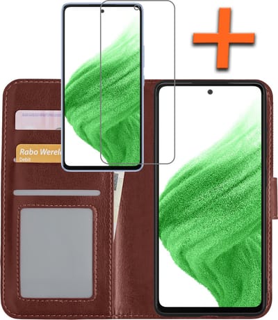 Hoes - Met Screenprotector - Geschikt voor Samsung Galaxy A53 - Luxe Pasjeshouder - Bookcase Portemonee - Flip Case - Kunstleer Book Case - Flipcase - Book Cover - Walletcase - PortemonneeHoes - Bruin