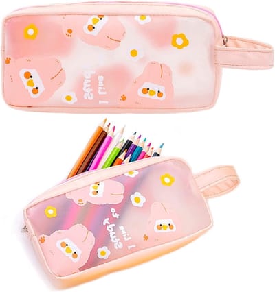 Transparante Pennenhouder met Rits, Schattige Make-up Tas voor School, Kantoor en Reizen, Roze Organizer voor Kantoorbenodigdheden