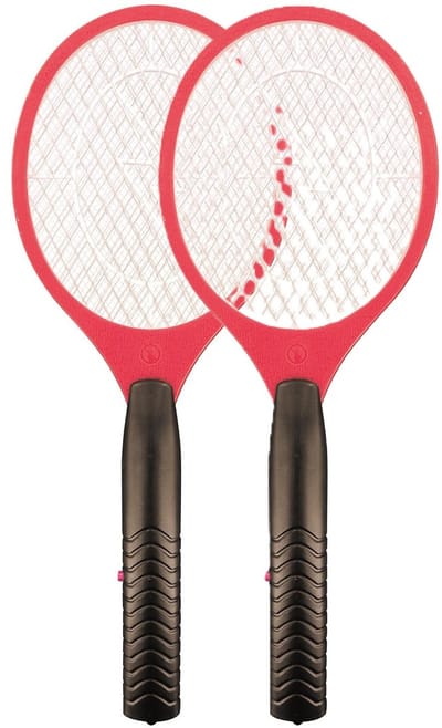 Vliegenmepper - 2x - elektrisch - rood - 46 cm - kunststof - op batterijen - anti-insecten - elektrische vliegenmeppers