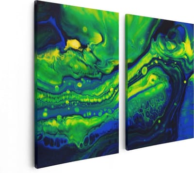 Artaza Canvas Schilderij Tweeluik Abstracte Kunst Blauw met Groen - 80x60 - Foto Op Canvas - Canvas Print