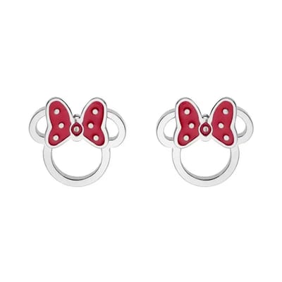 Disney 4-DIS043 Minnie Mouse Oorbellen - Minnie Oorknopjes - Disney Sieraden - 7,2x7,7mm - Rood Emaille Strikje - Staal - Hypoallergeen - Zilverkleurig