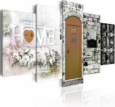 Schilderij - Huis van Liefde - Home , bruin , steen look , 5 luik