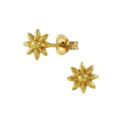 Joy|S - Zilveren bloem oorbellen 6 mm - gold plated