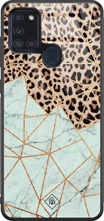 Casimoda® hoesje - Geschikt voor Samsung Galaxy A21s - Luipaard Marmer Mint - Luxe Hard Case Zwart - Backcover telefoonhoesje - Multi