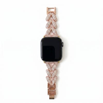 Casemania Metaal Watch Band Geschikt voor Apple Watch Series 10-11 (42mm), Series 1-9 (38mm, 40mm, 41mm), SE (40mm) - Rosegoud - Luxe Schakelbandje met Kristallen - Verstelbare Zinklegering Horlogenbandje