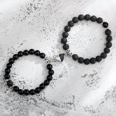 Magnetische Hartjes Kralen Armband Set voor Hem en Haar - Zwart / Lava- Romantisch Liefdes Cadeau - Valentijnsdag - Valentijn Cadeautje voor Mannen