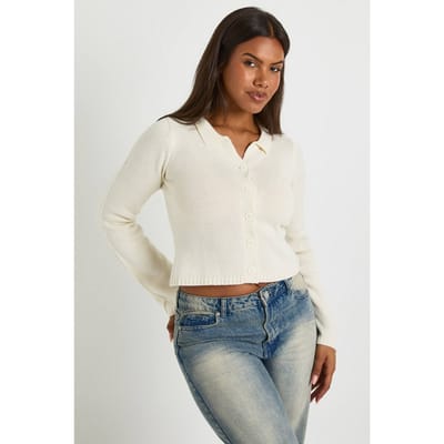 boohoo Dames Ribgebreide cardigan met kraag | Cream | Maat: Large