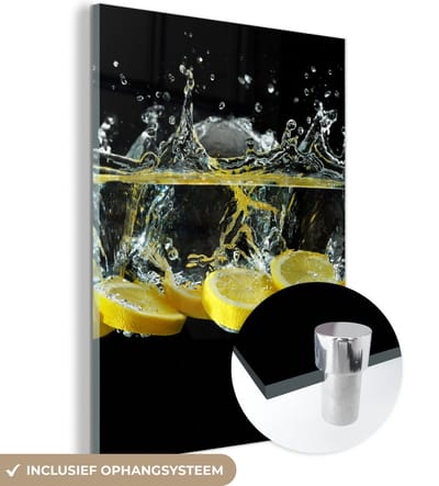 MuchoWow® Glasschilderij 120x160 cm - Schilderij acrylglas - Citroen - Fruit - Geel - Stilleven - Water - Foto op glas - Schilderijen