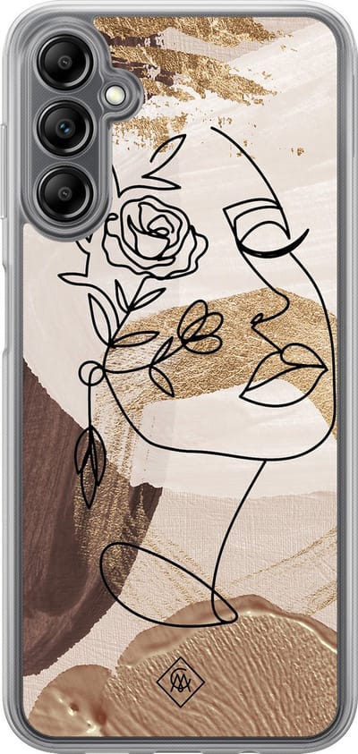 Casimoda® hoesje - Geschikt voor Samsung Galaxy A14 5G - Abstract Gezicht Bruin - 2-in-1 case - Schokbestendig - Geometrisch patroon - Verhoogde randen - Bruin/beige, Transparant