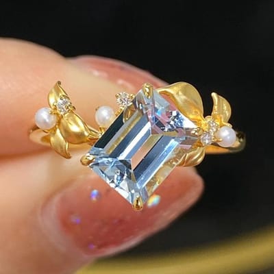 Bague Vintage en fausse perle naturelle plaquée, en or jaune 14k, Style Ins français, en zircone bleue, cadeau d'anniversaire, de fête, timbre 925 6 bleu