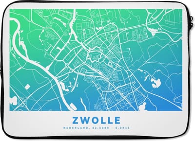 Laptophoes 13 inch - Stadskaart - Zwolle - Nederland - Laptop sleeve - Binnenmaat 32x22,5 cm - Zwarte achterkant