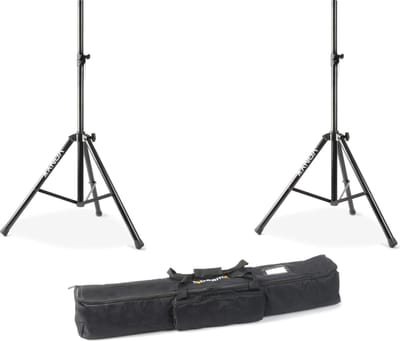 Vonyx Pro speakerstandaard set. Twee speakerstatieven tot 80kg belastbaar met handige draagtas.