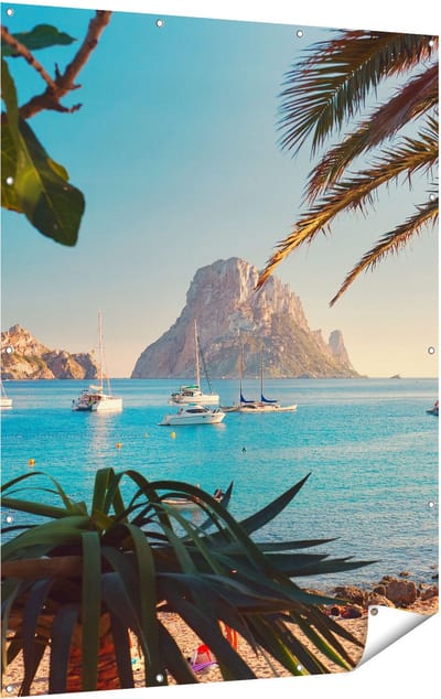 Gards Tuinposter Ibiza Cala d'Hort Strand - 120x160 cm - Tuindoek - Tuindecoratie - Wanddecoratie buiten - Tuinschilderij
