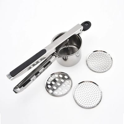 QTTVBTNA - 1 stuk Aardappelpers RVS, 3 Verwisselbare Persplaten - Inklapbare Pureestamper voor Aardappelen & Groenten - Keukengereedschap 32.8x13x9 cm - zilver