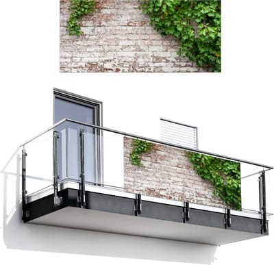 Balkonscherm 200x90 cm - Balkonposter Klimop - Groen - Stenen - Wit - Bladeren - Balkon scherm decoratie - Balkonschermen - Balkondoek zonnescherm