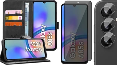 Hoesje geschikt voor Samsung Galaxy A05s - Privacy Screenprotector Volledig Dekkend Glas & Camera - Portemonnee Book Case Zwart