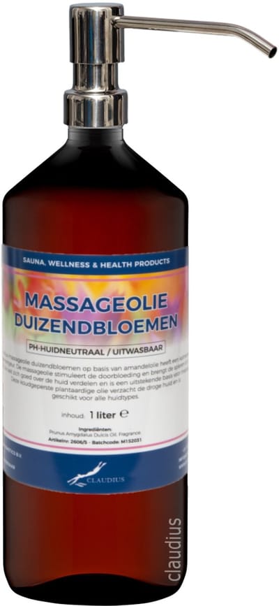 Massageolie Duizendbloemen 1 liter met zilveren pomp - 100% natuurlijk - biologisch en koud geperst