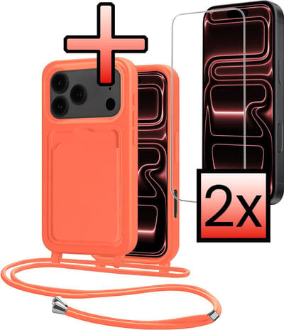 Hoes Geschikt voor iPhone 17 Pro Max Hoesje Pasjeshouder Cover Met Koord Case Siliconen Hoes Met Telefoonkoord en Kaarthouder Met 2x Screenprotector - Papaya