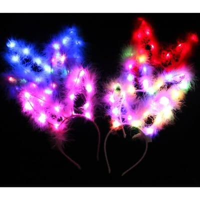 Lot de 2 serre-têtes lumineux en forme de lapin et de chat pour femme et fille, motif floral, LED, néon, pour anniversaire, mariage blue
