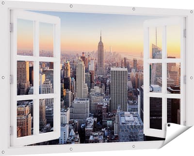 Gards Tuinposter Doorkijk New York Skyline met Wolkenkrabbers - 150x100 cm - Tuindoek - Tuindecoratie - Wanddecoratie buiten - Tuinschilderij