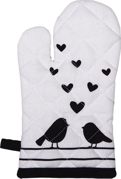 Clayre & Eef Kind Ovenwant 12x21 cm Wit Zwart Katoen Harten Vogels Ovenhandschoen