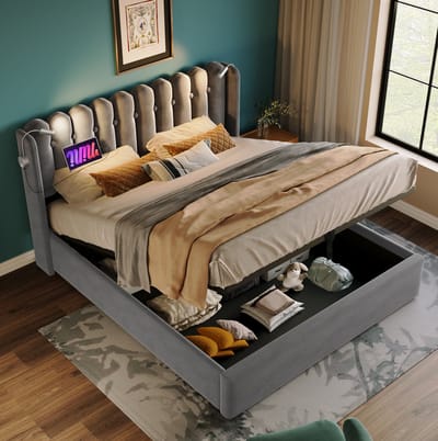 MEUNIQ gestoffeerd tweepersoonsbed 140x200 cm met lattenbodem, opbergruimte, leeslampen en 2 USB-aansluitingen, grijs bedframe voor de slaapkamer