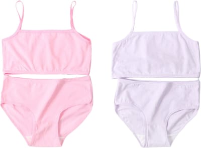Meisjes Ondergoed Set 2-delig – Hemdje met Spaghettibandjes & Slip – 100% Katoen – Roze & Paars – Maat 122/128-134 (7-9 jaar)