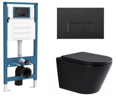 QeramiQ Dely Toiletset - inbouwreservoir Qeramiq Flush - 35mm zitting - kunststof mat zwarte bedieningsplaat - rechthoekige knoppen - mat zwart