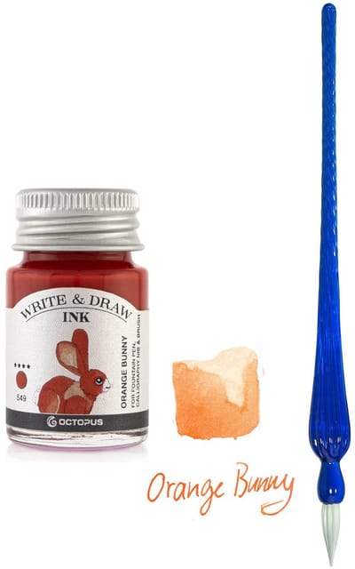 Glaspen - Glazen Dip Pen set in doosje - Blauw - Potje - Octopus - Vulpen inkt - oranje bunny