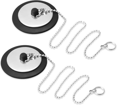 2 stuks afvoerstop, gootsteen, afvoerstop met 40 cm ketting, wastafelstopper, rubberen badstopper, rubberen stop voor wastafel, badkuip en keukenspoelbak, zwart, diameter 43 - 45 mm