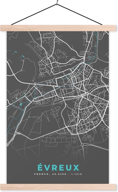 Posterhanger incl. Poster 40x60 cm - Schoolplaat - Évreux - Plattegrond - Kaart - Stadskaart - Frankrijk - Textielposter - Blanke latten - Stadskaart