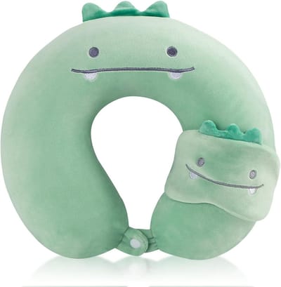 U-vormig cartoon kussen voor kinderen, comfortabel reiskussen met afneembare en wasbare kussensloop en oogmasker (groene dinosaurus)
