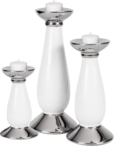 Keramische Kandelaars - Set van Drie - Feestelijke Decoratie - Glamoureus Design - 3 Verschillende Maten - Wit Zilver