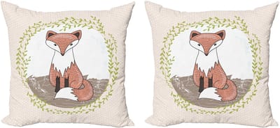 ABAKUHAUS Decoratieve kussenhoes met vossenprint, 2 stuks, bosdieren met stipp 40x40 cm, beige meerkleurig