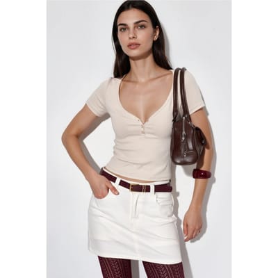 V-hals Korte Mouwen Gebreide Blouse met Knoopsluiting