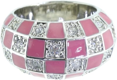 Behave - Ring - Zilverkleurige statement ring met fuchsia dambordpatroon en kristallen – Trendy & modern