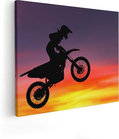 Artaza Canvas Schilderij Motorcross - 50x40 cm - Muurdecoratie Zon - Wanddecoratie Silhouet - Kamer Accessoires