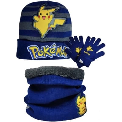 Pokémon Pikachu Kinder Winterset: Sjaal, Muts en Handschoenen - Blauw - beige