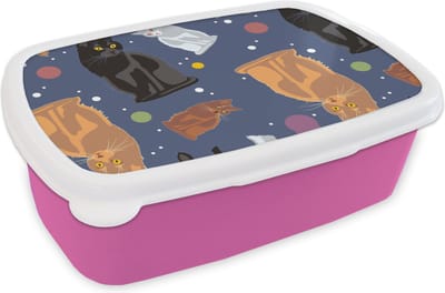Broodtrommel Roze - Lunchbox - Brooddoos - Patronen - Kat - Ruimte - Jongens - Meisjes - Kinderen - Kids - 18x12x6 cm - Kinderen - Meisje