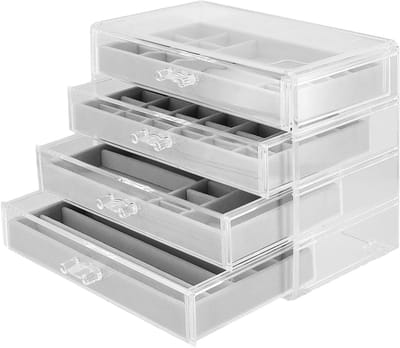 Transparante Acryl Sieradenbox met 4 Lade, Verstelbare Organizer voor Oorbellen, Ringen en Kettingen