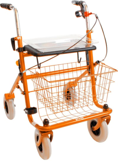 Rollator 43 cm zitbreedte - Premis Provo - Tot 120 kg - In hoogte verstelbaar - Voorzien van eenzijdige rem Links - Inclusief dienblad, stokhouder en mandje - Metallic Oranje