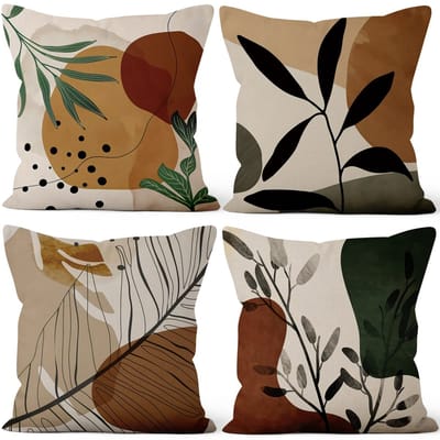 Kussenhoes abstract, kussenslopen boho groene bladeren bruin geometrisch patroon vierkante kussenhoes fluwelen sierkussenhoes voor bank slaapkamer woonkamer auto, set van 4, 40 B x 40 cm