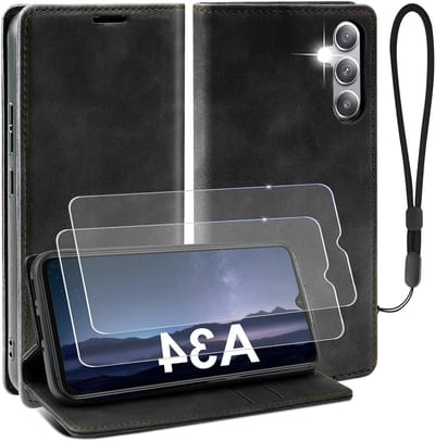 Premium leren folio flip cover voor Samsung Galaxy A34 5G met kickstand en cardholder, inclusief 2x gehard glas screenprotectors (Zwart)